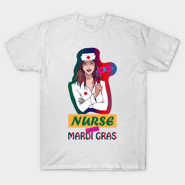 Nurse Loves Mardi Gras Colorful T-Shirt by Admair 